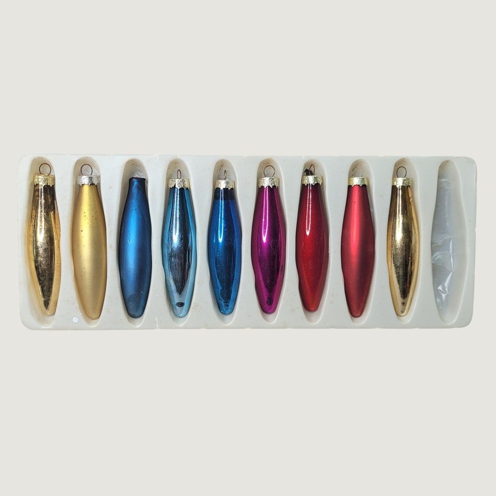 Vintage Glass Christmas Ornaments Teardrop Torpedo Jewel Tone Mixed Set of 9